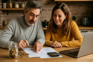 A couple examines their financial documents together, reflecting the collaborative approach many Spaniards take towards managing money and planning their future.