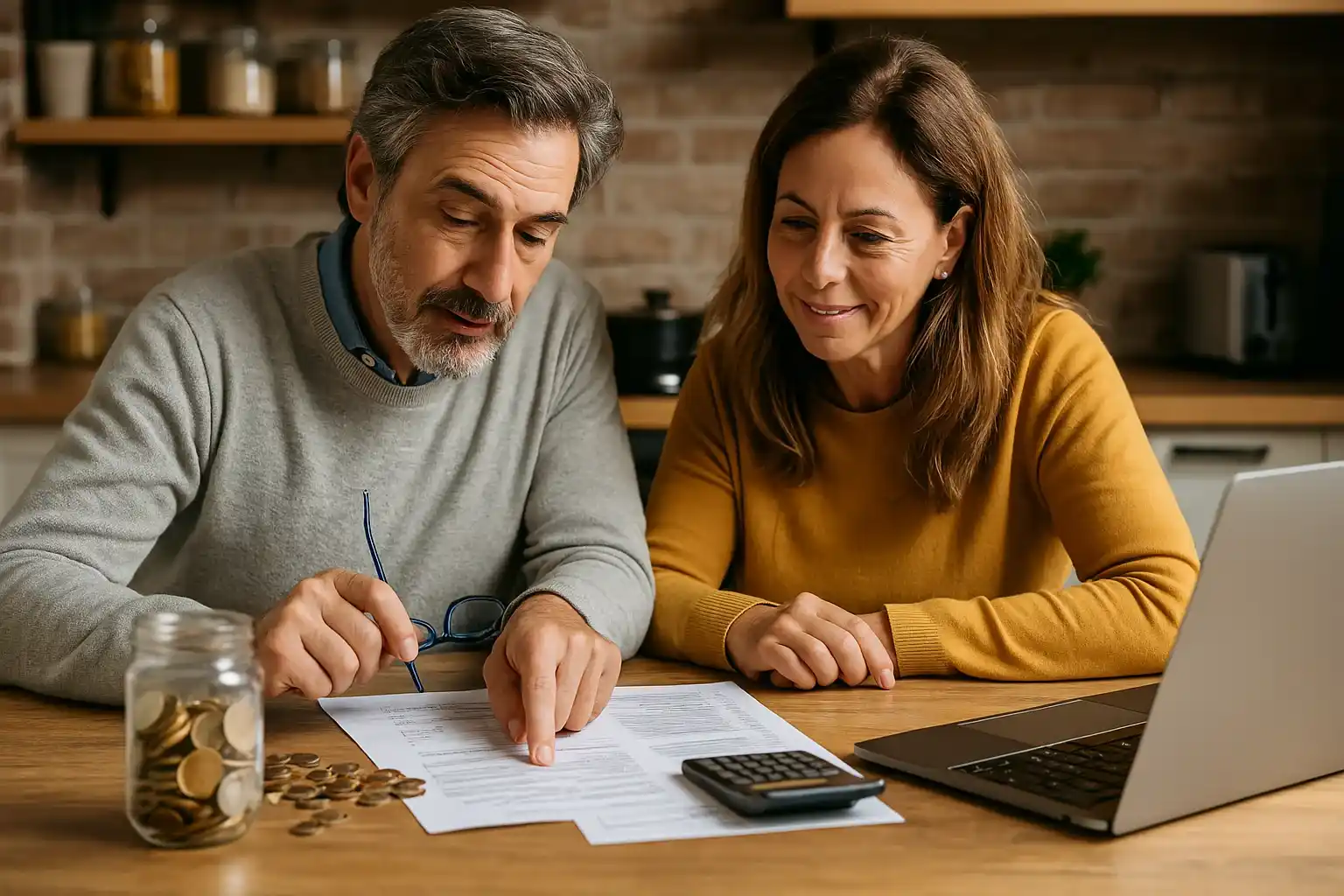 A couple examines their financial documents together, reflecting the collaborative approach many Spaniards take towards managing money and planning their future.
