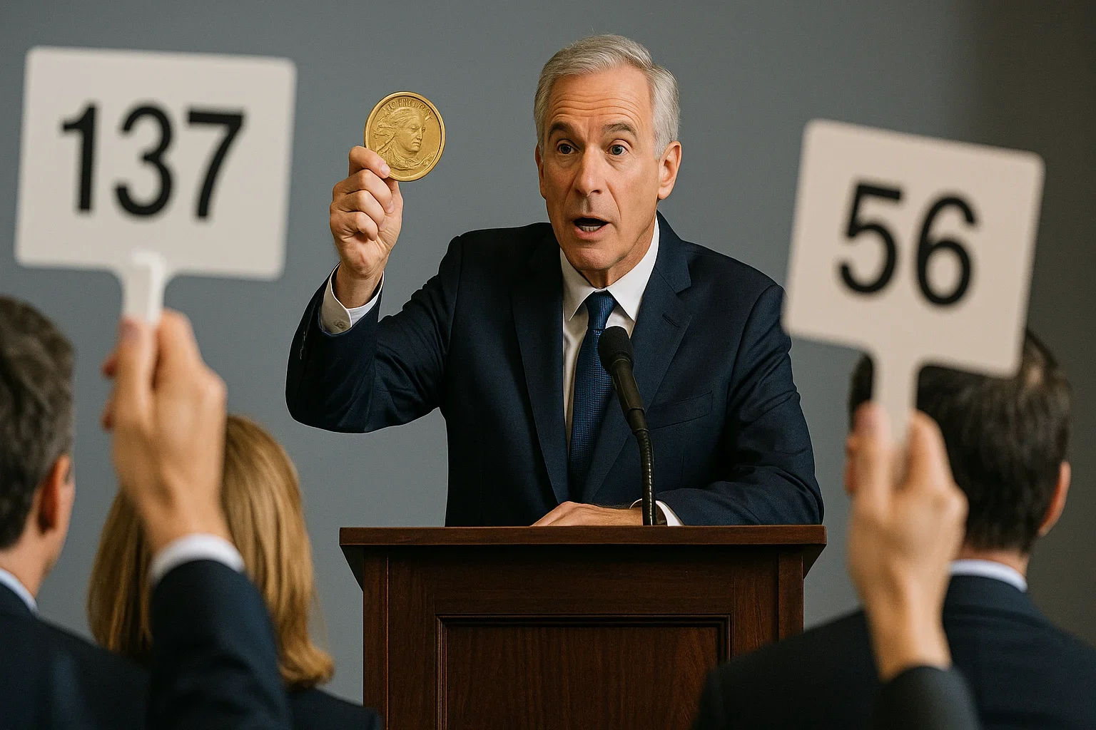 an auctioneer holding up a large gold coin while bidders raise numbered paddles in a formal auction room.