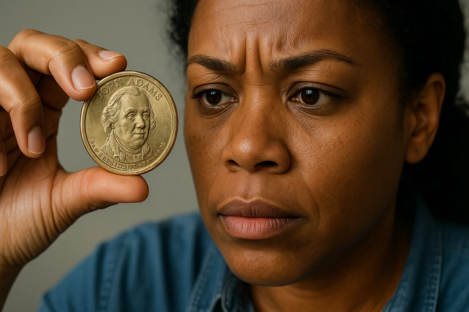 an African American woman examining a John Adams $1 coin with a serious expression, holding the coin between her fingers.