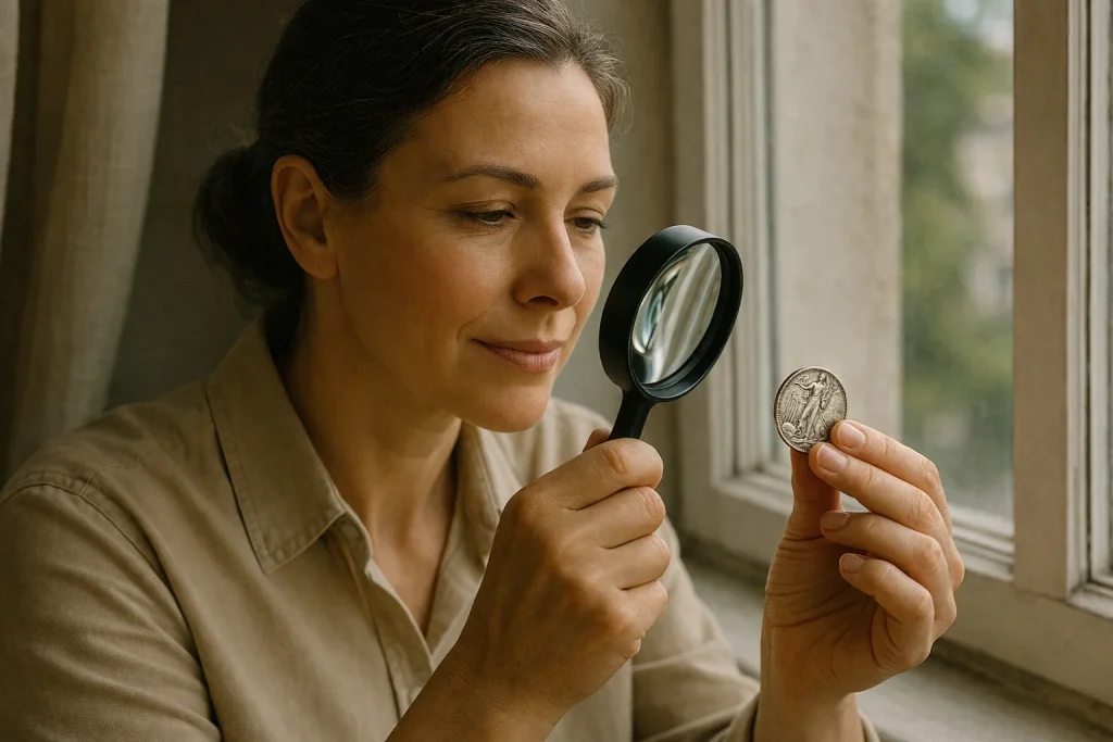 A collector examines a coin under natural light to evaluate its surface quality and decide whether it deserves a long-term hold.