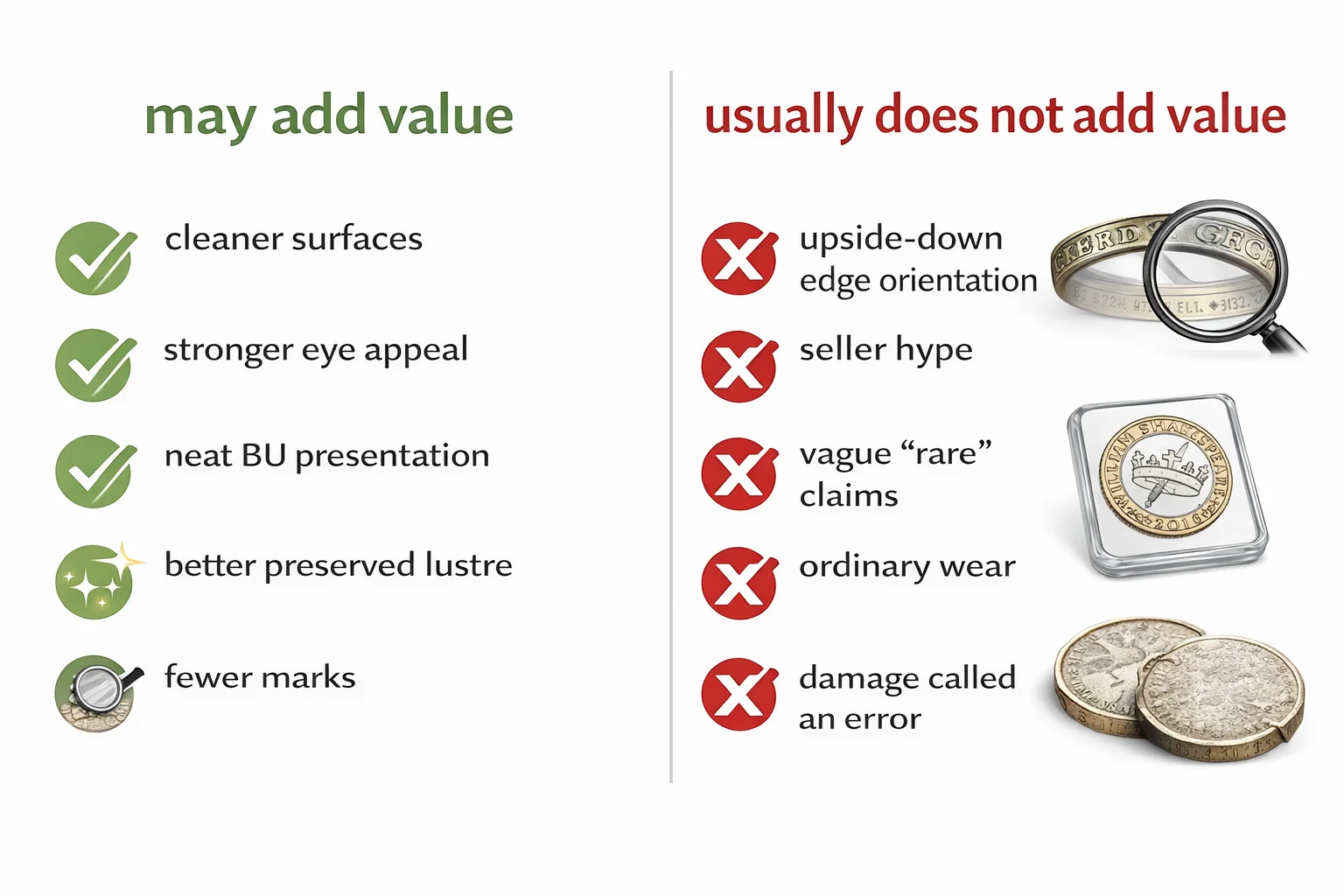 Factors that may add value or not add value to a Shakespeare Histories £2 coin.